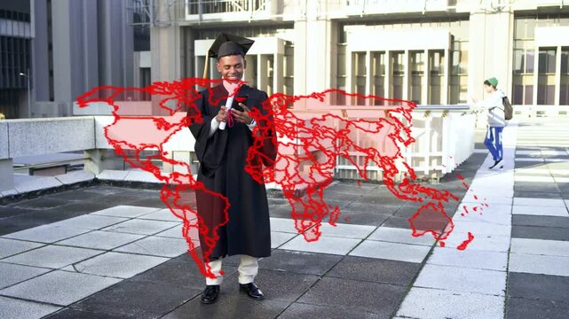 Male grad ending speech, lowering mic, checking phone, raising phone and posing selfie with red map