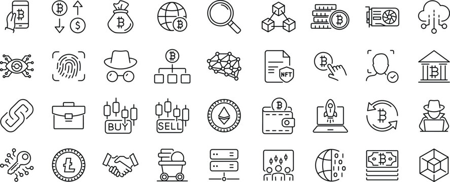 ryptocurrency set of web icons. Editable Stroke. Crypto technology and Blockchain icons for web and mobile app. Crypto currency, bitcoin, NFT, technology, decentralized finance, encryption, token
