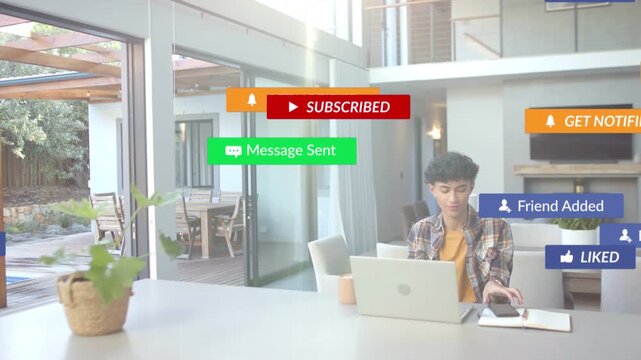 Play icon appearing triggers alerts cascading over laptop, man working, showing reach then clearing