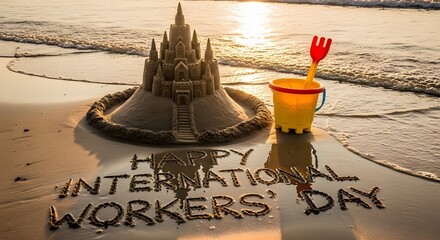 Happy workers day celebration sandcastle message on the beach for international labor day