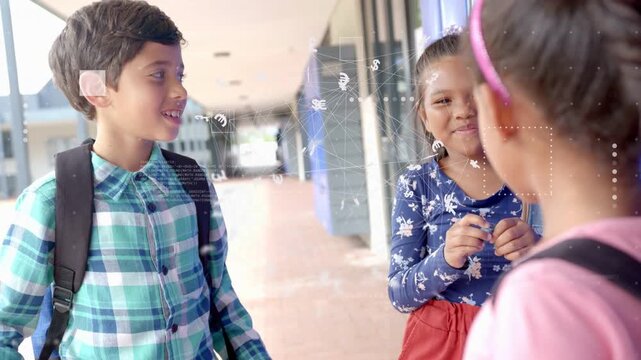 3 pupils meeting by school lockers boy approaching showing folder white overlays floating over trio