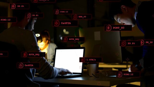 Laptop and tablet users typing and tapping, causing red HUD tags layering over desk for IT