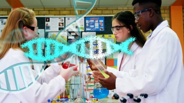 3 teens handling flasks when comparing samples in lab, DNA helix forming over students for lesson