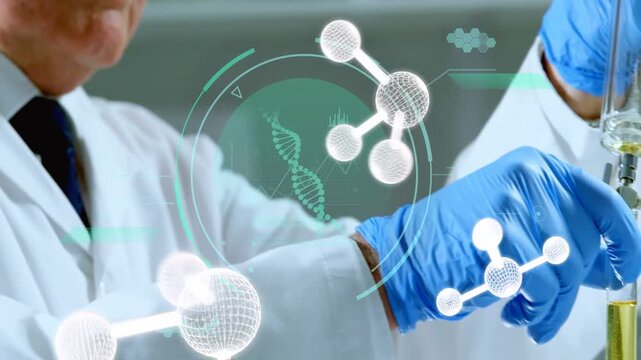 Senior scientist pressing dispenser releasing measured reagent into tube, HUD overlays aiding assay
