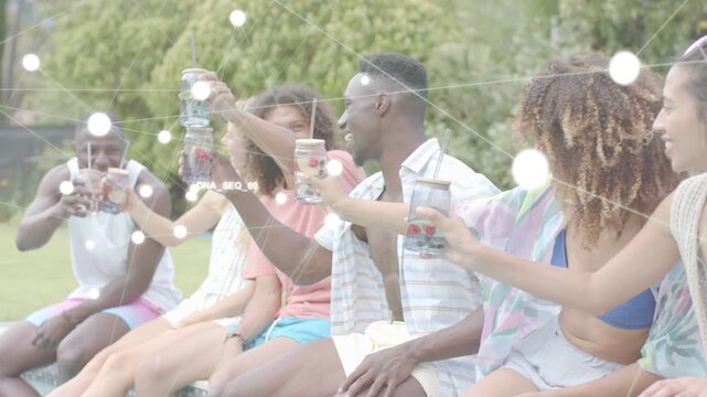 Six friends making eye contact, raising mason jars for social ad, animated orbs forming over jars