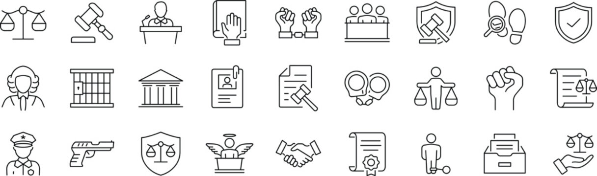 Law and justice set of web icons. Editable stroke. Justice and law icons for web and mobile app. Legal documents. Law, judgement, prison, justice, court legal, lawyer, criminal. 