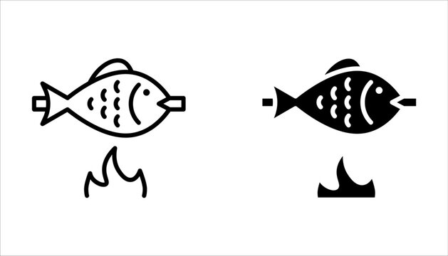grilled fish icon set, food and sea on white background