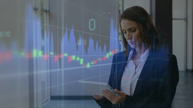 Woman tapping tablet in hall making blue chart and red green candlesticks shifting checking markets