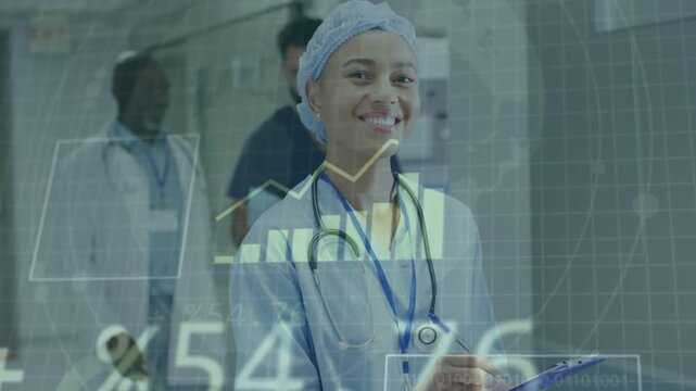 Nurse recording data on purple clipboard in clinic, live HUD over her evolving into charts, smiling