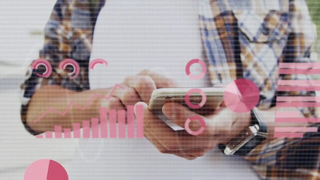 Man tapping and scrolling phone, displaying HUD finance charts across hands and phone for analysis