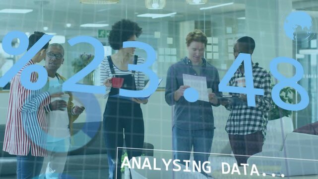 Team reviewing tablet and papers while ANALYSING DATA overlay driving tech chart review in office