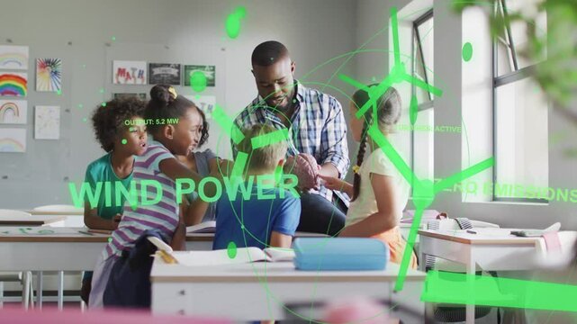 Teacher guiding students touching model, teaching wind power as green holograms overlaying scene