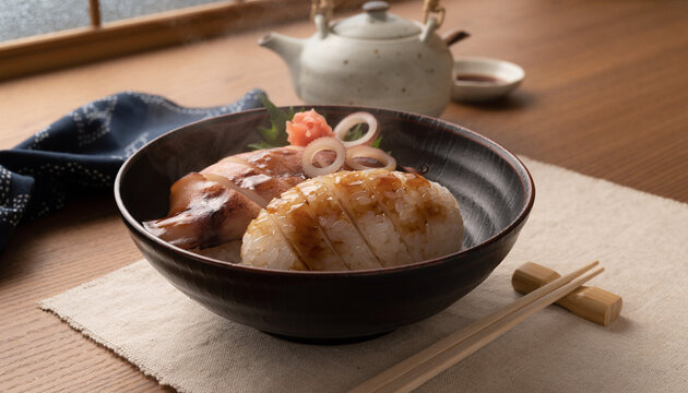 Japanese ika meshi dish in a bowl, perfect for food blogs, restaurant menus, asian cuisine articles, and culinary designs.