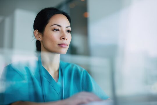 Focused young Asian nurse using computer in clinic office, professional female healthcare worker in scrubs managing patient records and medical data in modern hospital workplace