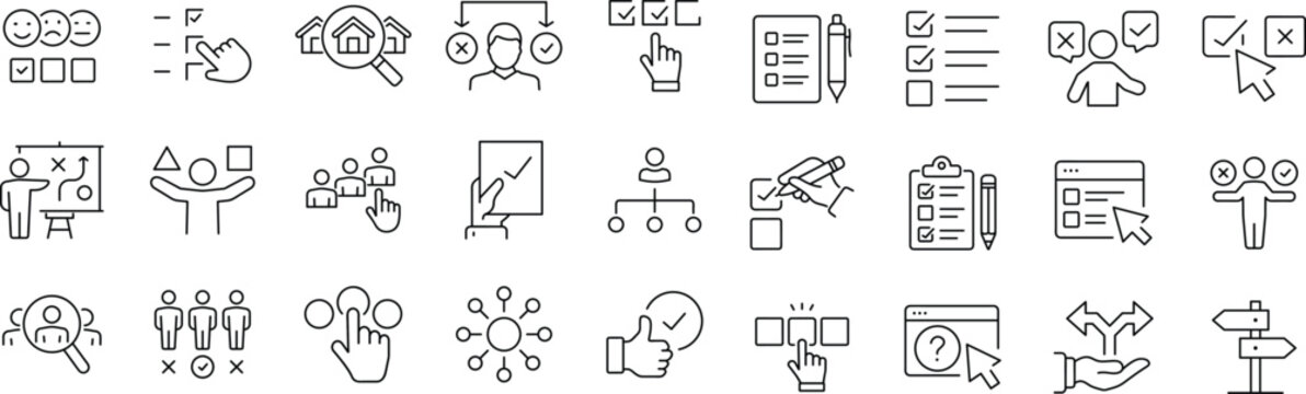 Choice Web Icon Set in Line Style. Editable Stroke. Collection of Selection Linear Icons, Including decision, option, choose, quiz, option, preference, list, possibility, decide, dilemma and More.