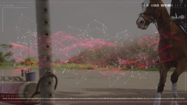 Equestrian rider competing, nearing jump, leaping over pole while pink HUD waveform covering horse