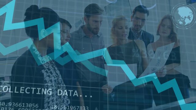 Six professionals reviewing docs while HUD COLLECTING DATA appearing, animating charts for review