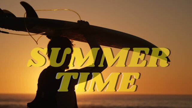 Surfer holding board sunset walking adjusting grip preparing for surf SUMMER TIME overlaying shadow