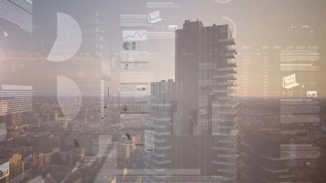 Sun glow starting data layers fading in while tower holding view and charts showing city trends