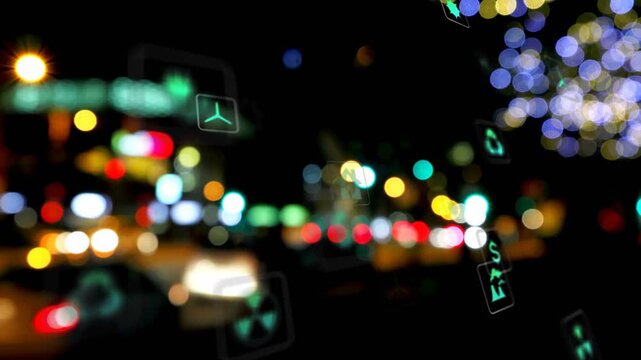 Green icons emerging after lens blur, drifting down, rotating, flashing, showing energy data