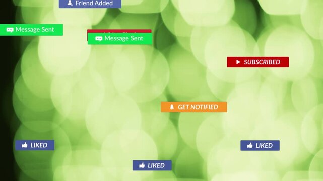 Cursor clicking subscribe, causing badges popping, drifting across green bokeh, showing engagement