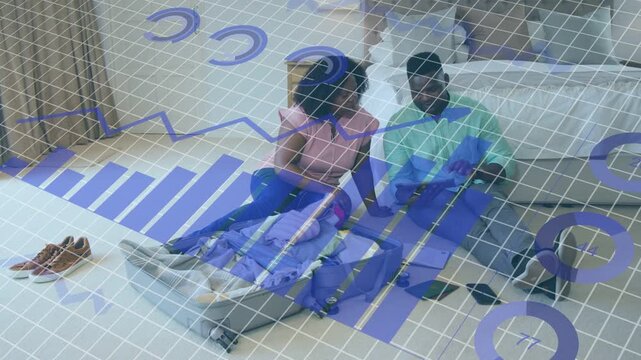 Parents checking phone adjusting infant in carrier animated blue grid highlighting carrier health