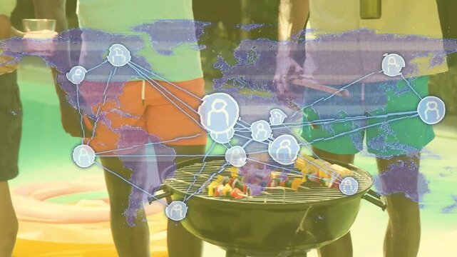 Four friends placing skewers and corn on grill, creating world map overlay linking icons, barbecue