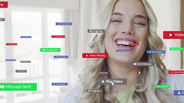 host smiling laughing as cursor appearing play badges filling around face then fading for marketing