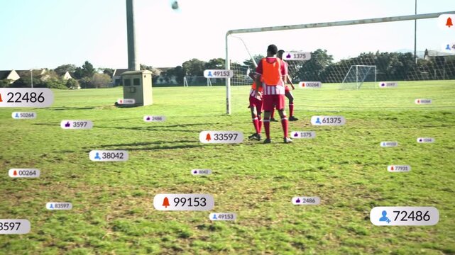 Soccer player placing ball and stepping shooting trying to score while badges multiplying on pitch