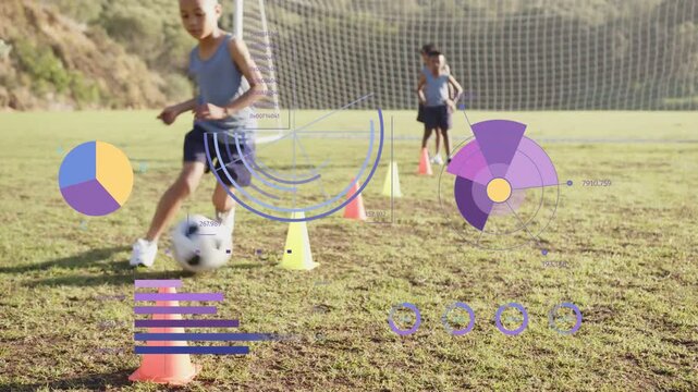 Child stepping, dribbling ball through cones toward camera, purple charts tracking sports training