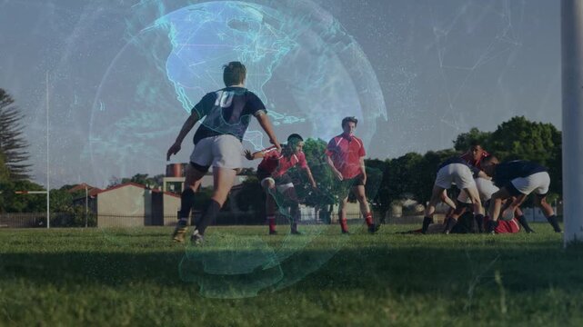Rugby ruck breaking, navy #10 collecting ball, running past defenders to goal framed by holo globe