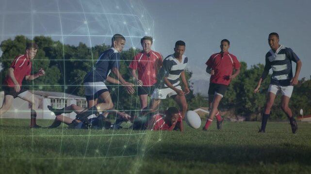 Striped player scooping ball from pile, sprinting across rugby field, holo grid tracking possession
