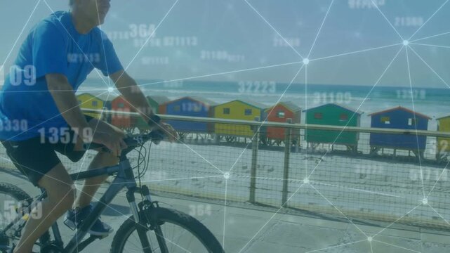 Camera opening close view, senior male cycling sea path for fitness, tech overlay showing ride data