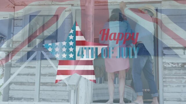 Two women stepping through cottage doorway and dancing on porch for lifestyle branding