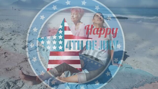 Mature couple sitting on shore playback overlaying flag wave and VOTE badge for voting over couple