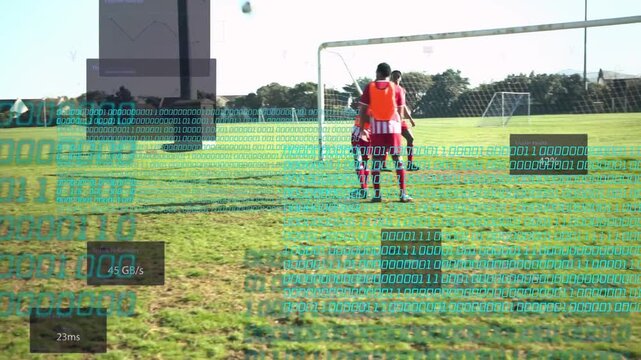 Soccer player red kit approaching ball, planting foot, striking goal, overlays masking players