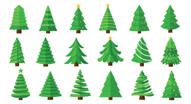 Collection of fifteen green christmas trees with brown trunks and varied decorations green tree pine tree
