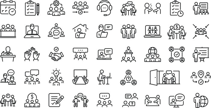 Meeting set of web icons. Editable Stroke. Live webinar icons for web and mobile app. Containing conference, business meeting, classroom