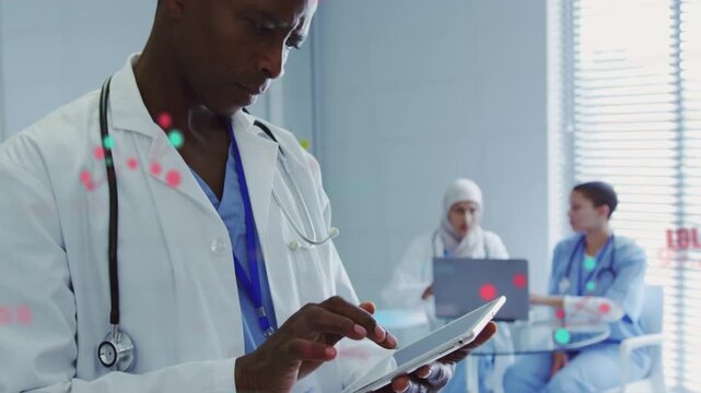 Clinician tapping tablet and reviewing patient data in clinic, generating animated data overlays