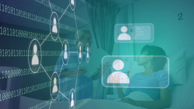 Doctor reading chart patient gesturing clinic consult binary sparking network linking patient cards
