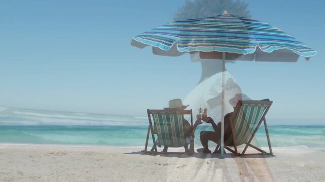 Seated couple relaxing, frames advancing, ghost woman walking across umbrella, aiding travel