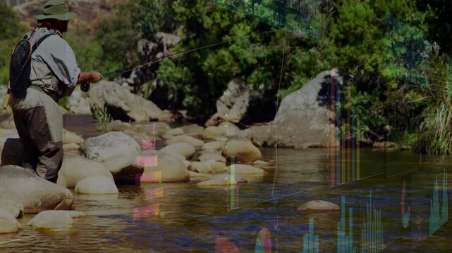 Male angler drawing rod back, flicking forward trying to catch fish, bars overlaying him and river