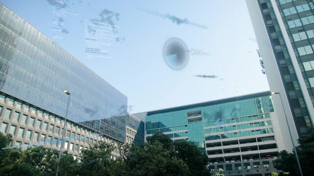 Sky disturbance creating translucent orb pulsing and sliding right while scanning glass tower