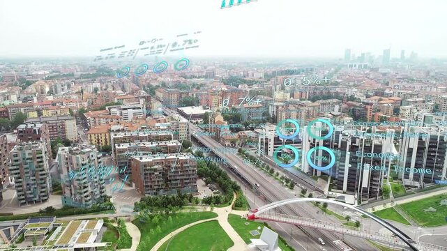 HUD appearing over aerial city, camera sliding right as charts moving over offices updating metrics