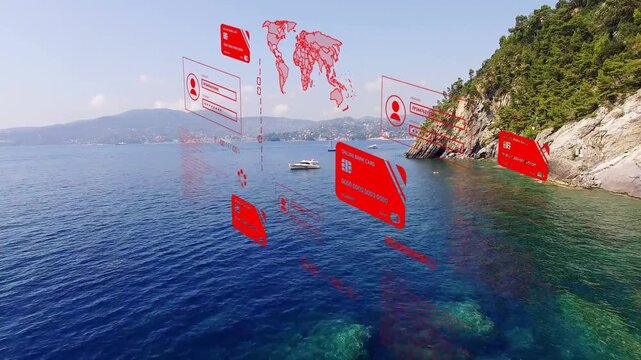 Red holograms appearing above water, rotating toward camera near boat, showing maps and IDs