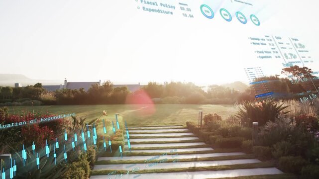 Stone steps hosting cyan markers, sun glare sparking panels, camera tilting showing fiscal overlays