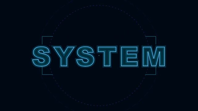 Neon blue SYSTEM text, futuristic interface element, cyberpunk design, glowing blue words