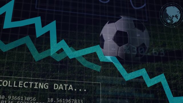COLLECTING DATA appearing, HUD projecting cyan lines, rotating rings, showing soccer ball stats