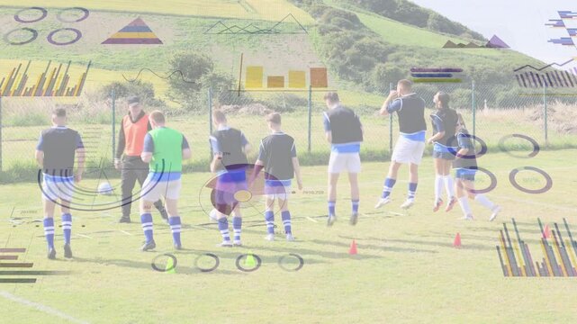 Coach cueing players doing sync steps hops lateral sports training, hovering charts above players