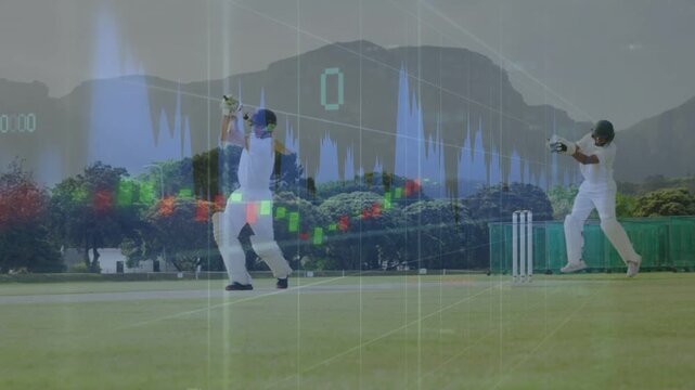 Batsman at crease as bowler bowling, swinging for runs while financial chart following swing